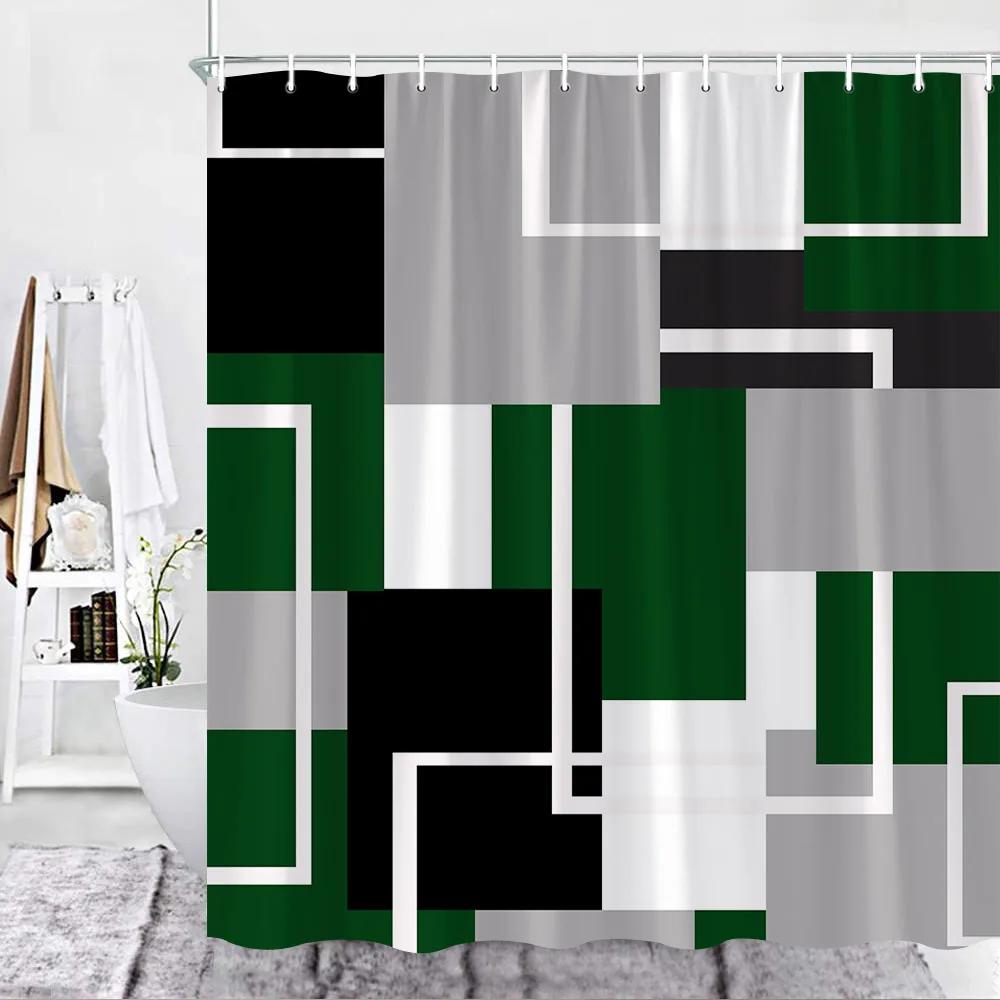 Abstract Geometric Black White Red Shower Curtain 3D Block Square Elegant Frame Modern Decor Fabric Bathroom with Hook Grey