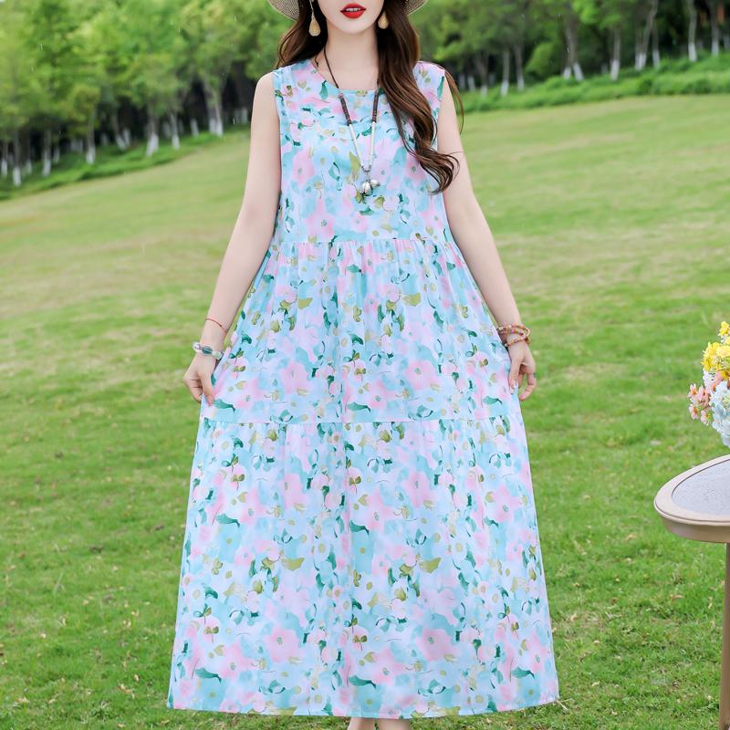 Elegant Sleeveless Dress for Women Plus Size Short Sleeve Vintage Print Long Dress Summer Casual Middle-aged Women's Clothing