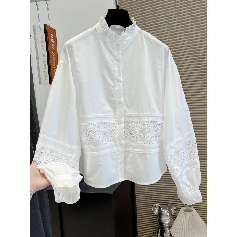 Sweet lotus leaf collar lace hollow lace long-sleeved shirt women's loose Japanese and Korean silhouette commuter versatile top