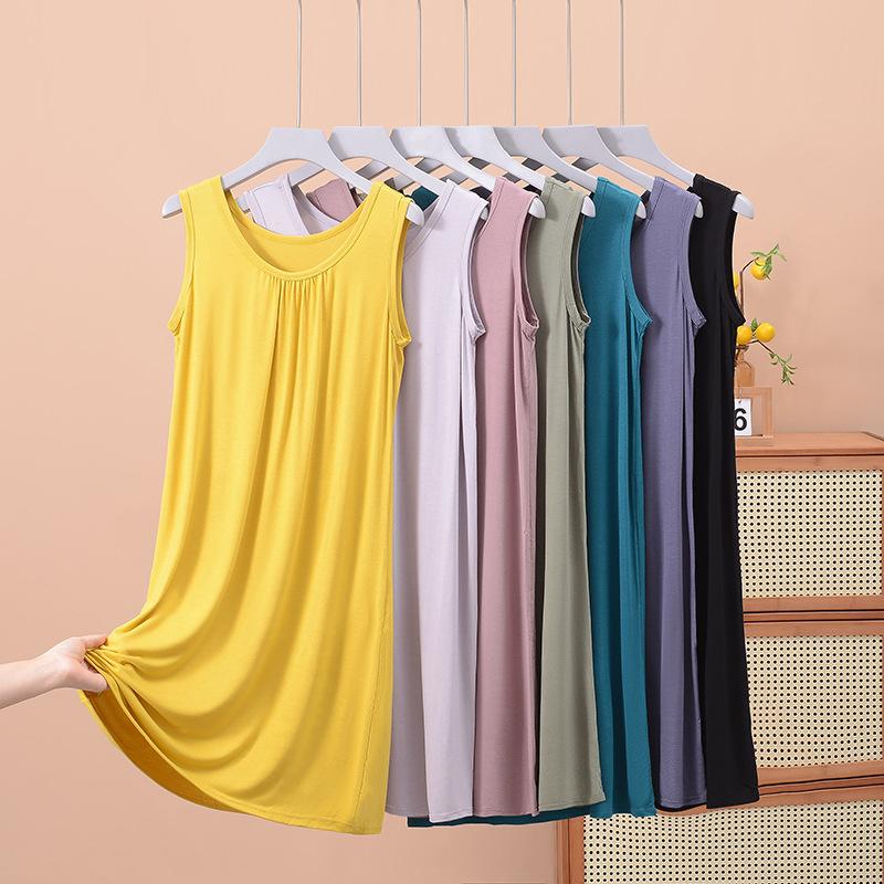 Loose Pleated Sleeveless Vest Skirt Medium and Long Nightdress Home Pajamas Large Size Thin Women's Dress