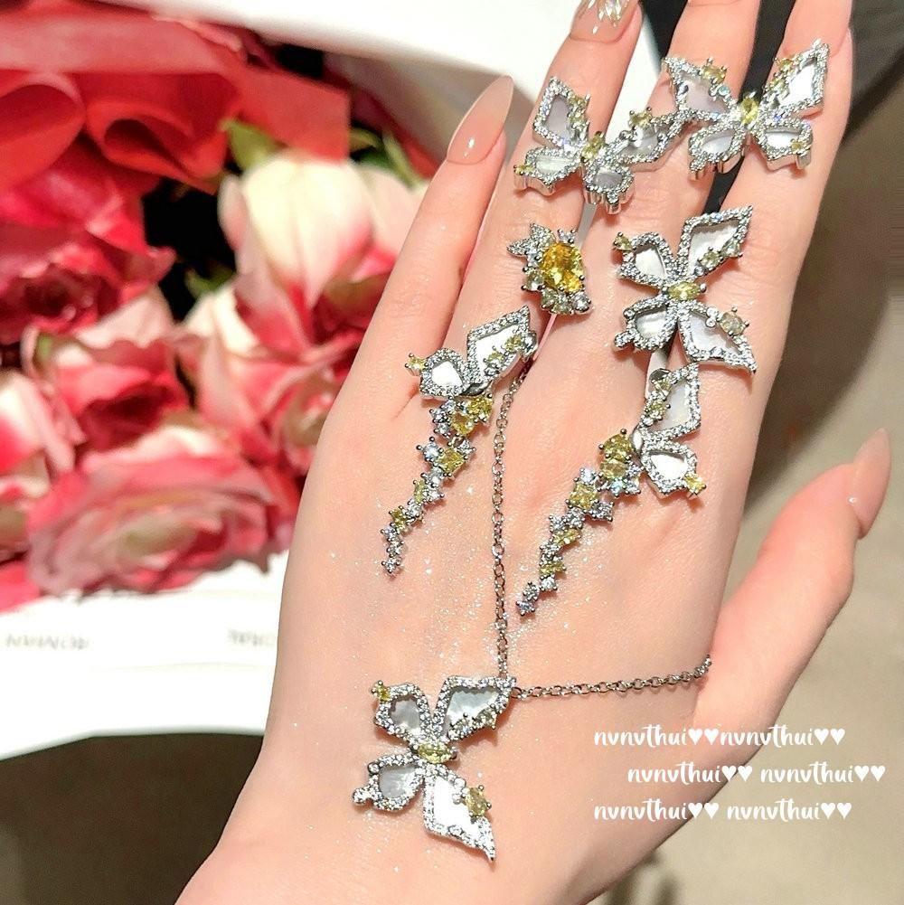 Yuji Fritillary Butterfly Gem Necklace, Rich Family Thousand Gold, Plated 18K Gold, Twilight Yellow Water Drop Butterfly Zircon Earrings