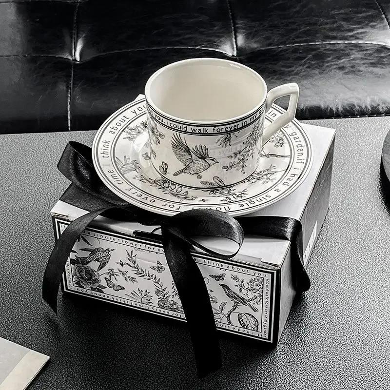 French Retro Black & White Coffee Cup Set - Summer Lily Luxury Gift Box, Premium Ceramic for Home, Cafe & Souvenir