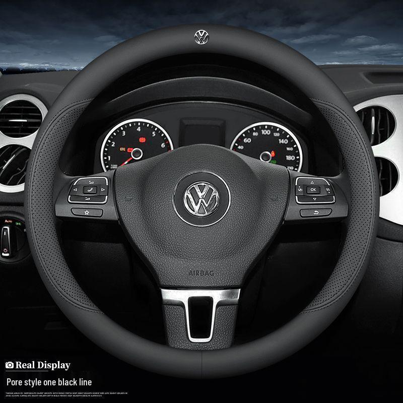 Volkswagen Steering Wheel Cover for Lavida, Bora, Sagitar, Magotan, Santana, Lamando, Tiguan L, Tayron - Four Seasons Genuine Leather.