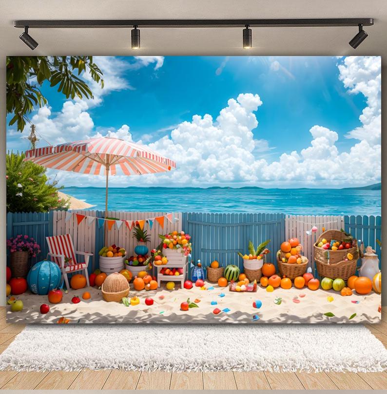 Summer Seaside Fruit Beach Palm Tree Theme Banner Background, Holiday Camping Party Decoration Photography Studio Backdrop Cloth
