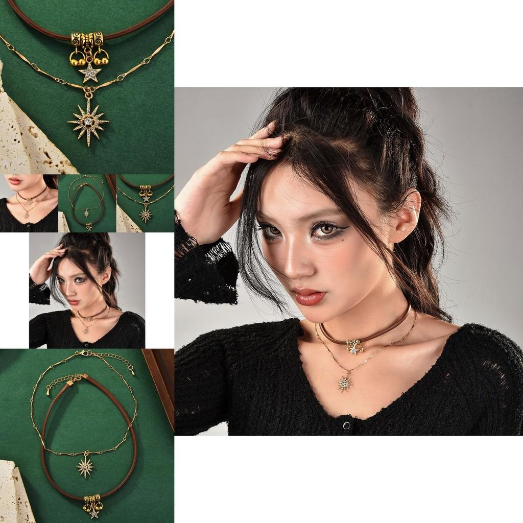 Stylish Two-layer Choker Necklace Set For Women With Rhinestone Stars And Flowers