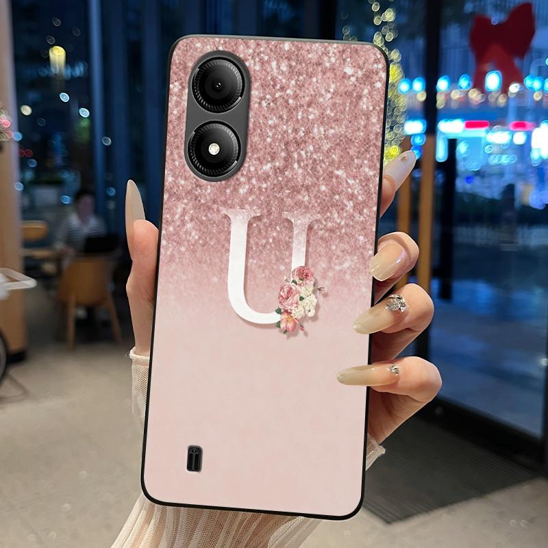Exclusive Initial Letter With Flower Phone Case For ZTE Blade A33s Soft Silicone Black Case ZTE Blade A33s Anti-scratch Casing