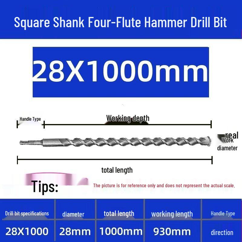 Extended Electric Hammer Drill Bit, Square & Round Shank, for Concrete Piercing - Available in 500mm to 2m Lengths