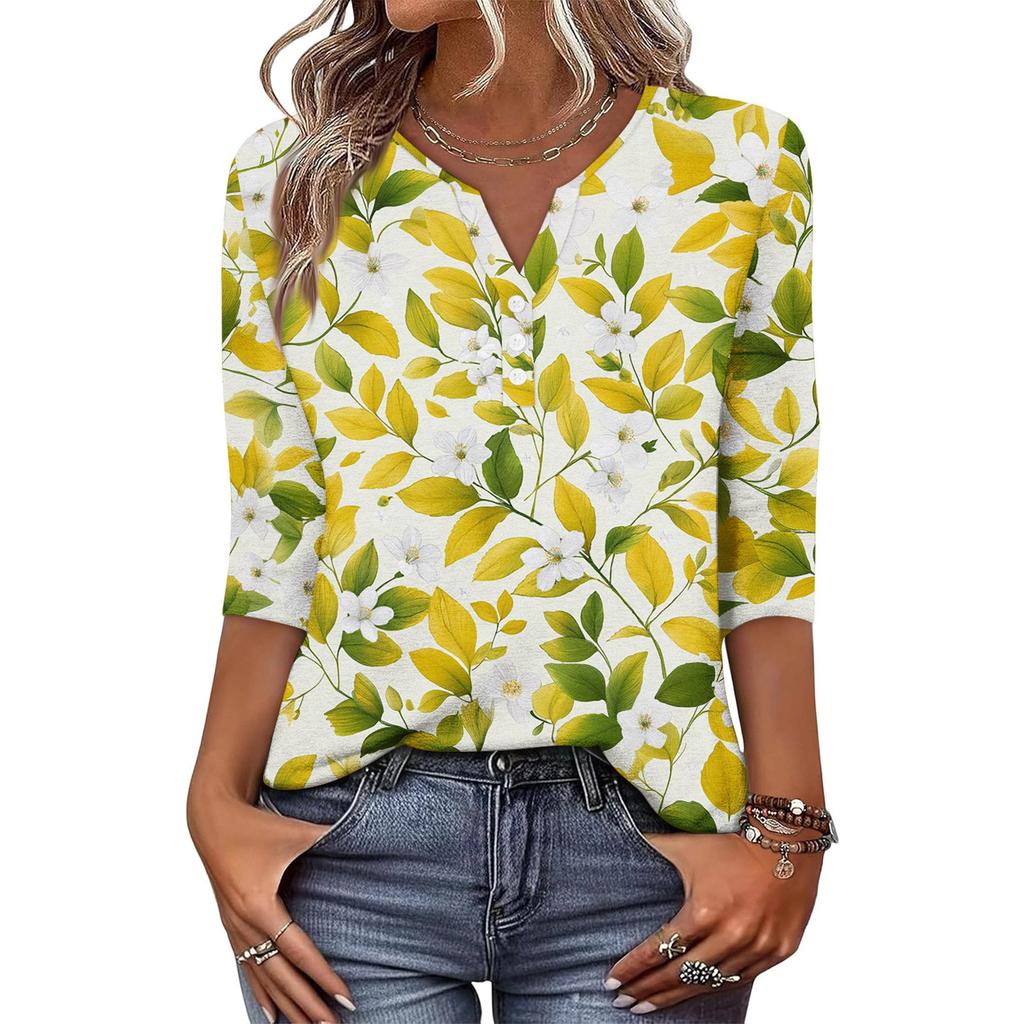 Women's Fashionable Casual Retro Floral Print V-Neck Button-Down Three-Quarter Sleeve T-Shirt Top