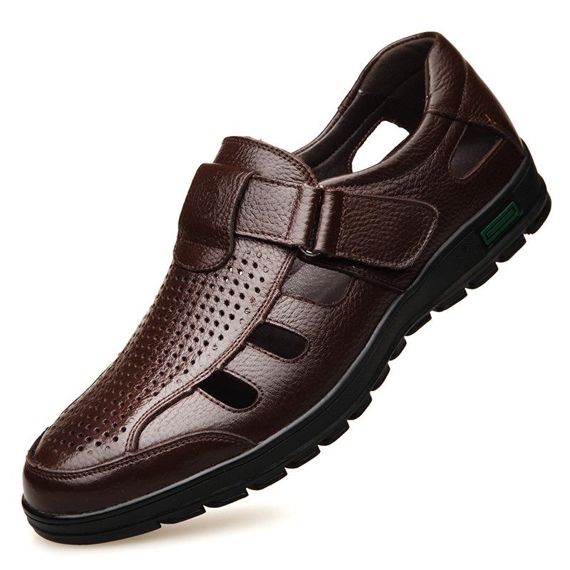 Summer leather hollow sandals Velcro hole shoes breathable casual men's shoes soft sole dad cool leather shoes men's 7688