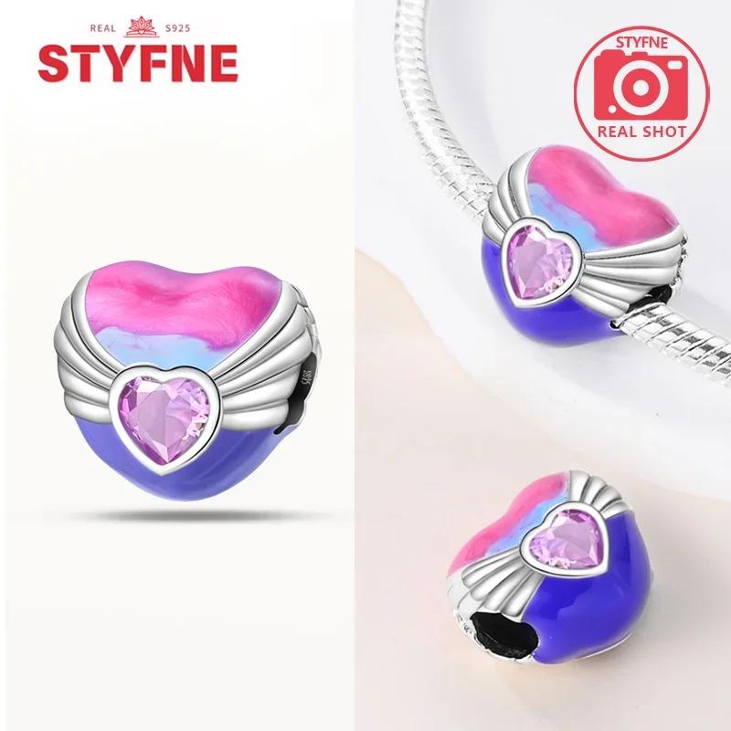 Silver 925 Colored Zircon Heart-shaped Pendant Beads Charm Fit Bracelet Jewelry Making Fine Gift for Women