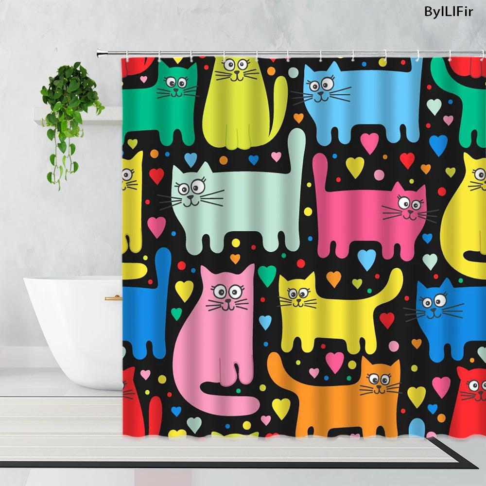 3D Cartoons Black White Cat Bathroom Waterproof Shower Curtain Simple Footprint Bathroom Curtains for Bathtub Screen with Hooks