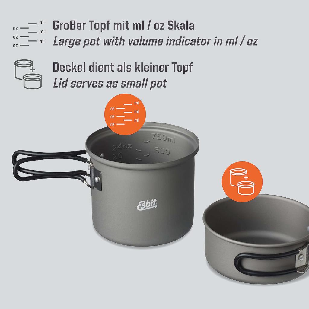 Esbit Aluminum Cookware Pot, 1000ml, Gray, ESPT1000HA, for Camping and Outdoor Use