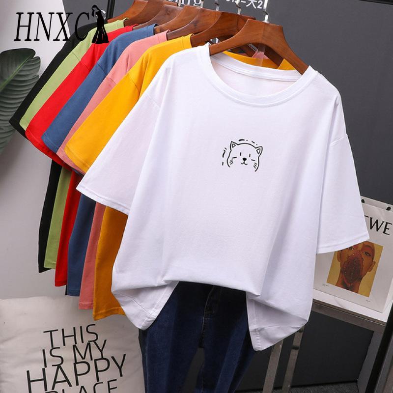 HNXC White Short-sleeved T-shirt for Women, Summer Loose Printed T-shirt for Ladies