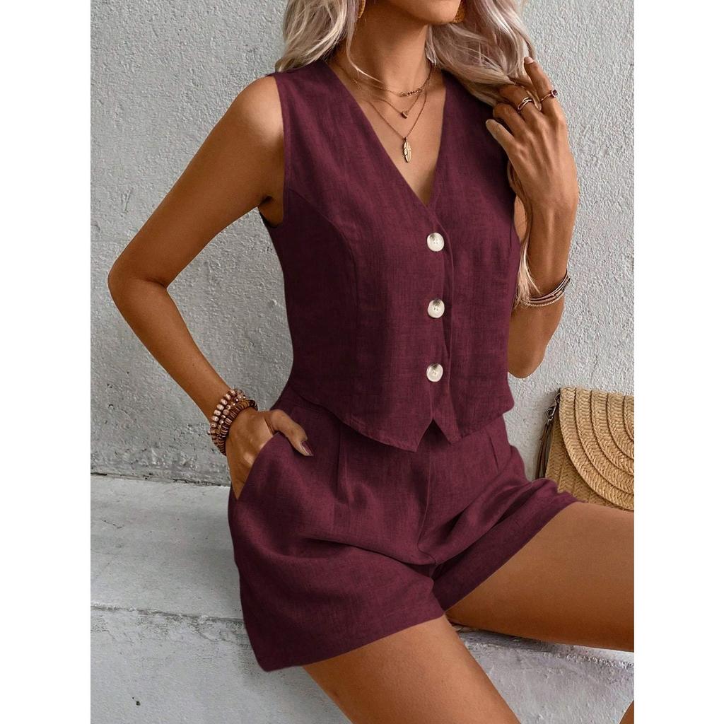 Todelt ermeløs damevestsett i plussstørrelse for kvinner, ensfarget med knapper
