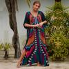 EDOLYNSA Multicolored Kaftan Bohemian Printed V-neck Batwing Sleeve Maxi Dress Women Beachwear Half Sleeve Maxi Dress Robe Q1342