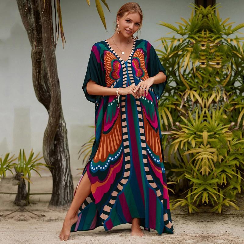 EDOLYNSA Multicolored Kaftan Bohemian Printed V-neck Batwing Sleeve Maxi Dress Women Beachwear Half Sleeve Maxi Dress Robe Q1342