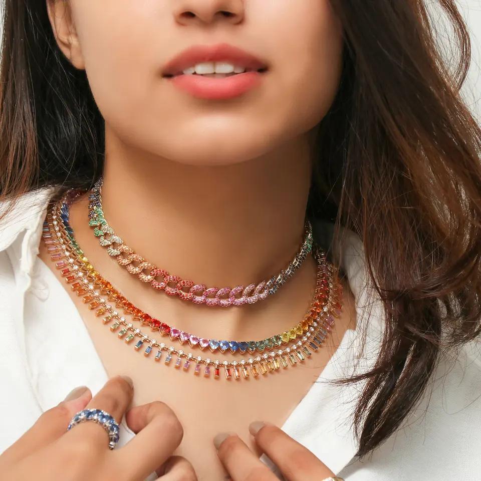 Collana girocollo da donna di lusso, a catena geometrica, a forma di cuore, colorata arcobaleno, con zirconi cubici