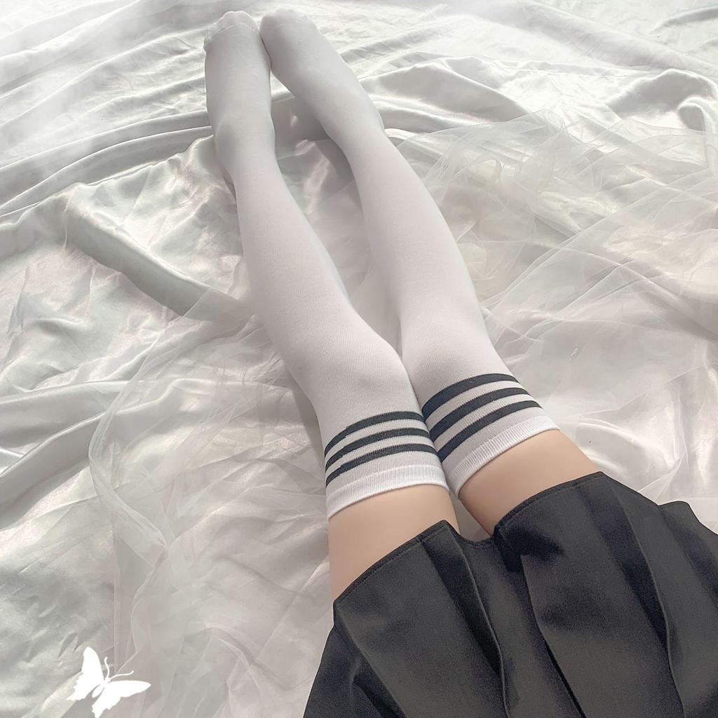 Japanese School Style Black and White Striped Thigh High Socks