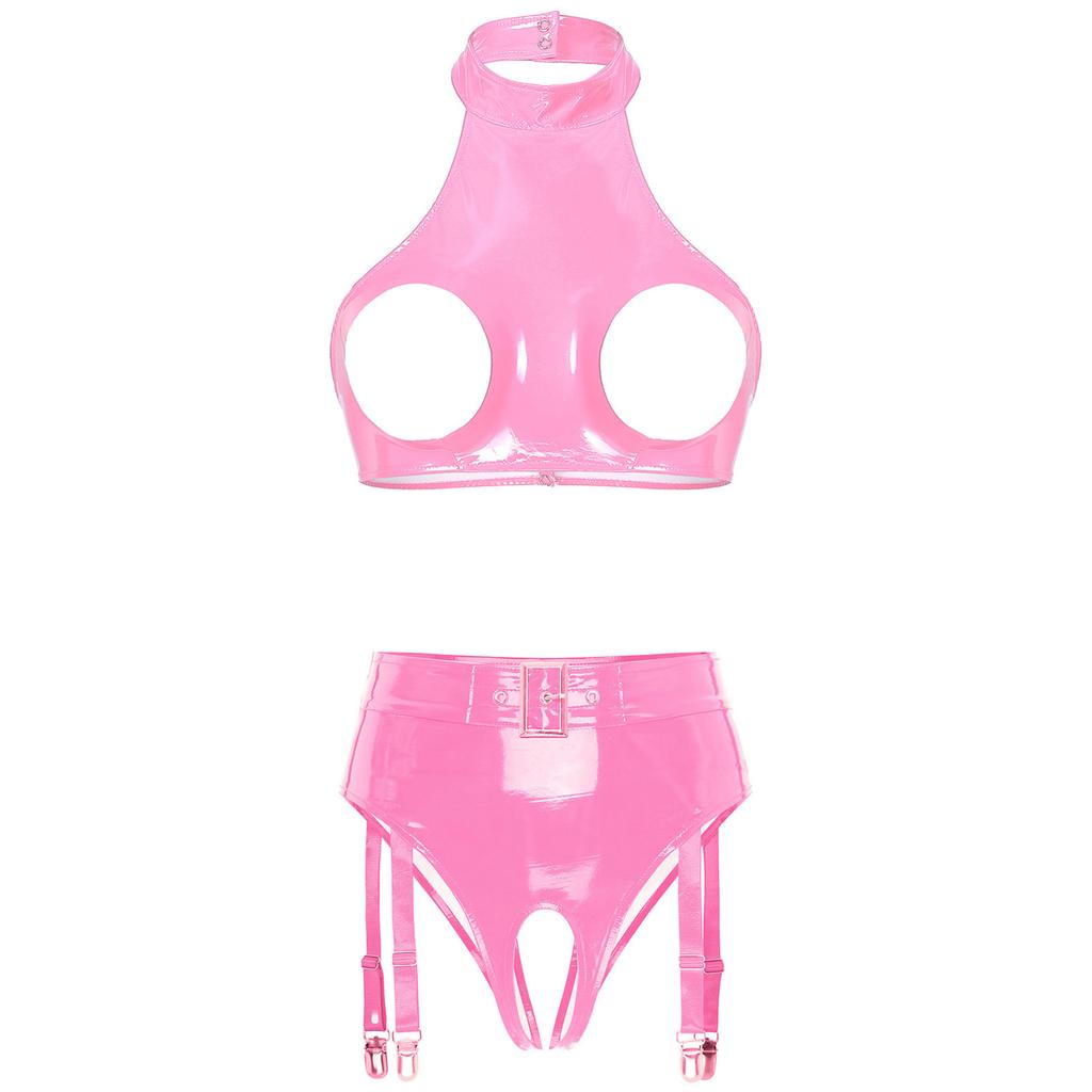 Lenjerie de damă, din piele lacuită, cu cupe deschise, crop top cu jartieră, cu picioare deschise, set de lenjerie de corp pentru îmbrăcăminte de club pentru nopți de întâlnire