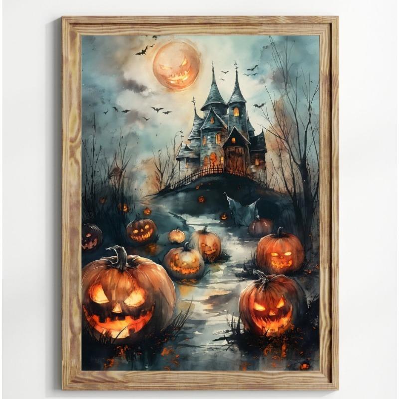 Poster Print Fantomă și Pisică Neagră Flori Sălbatice de Pădure Pictură pe Pânză cu Dovleac Artă Spooky de Halloween Cameră Dark Academia Decor Acasă