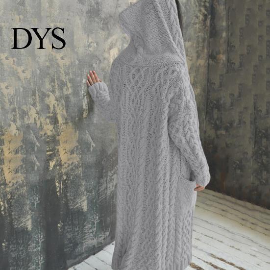 Hooded Coat Women Sweater Jacket with Pockets Mid Length Knitted Twisted Texture Solid Winter Color Long Sleeve Plus Size Thick Daily Commuting