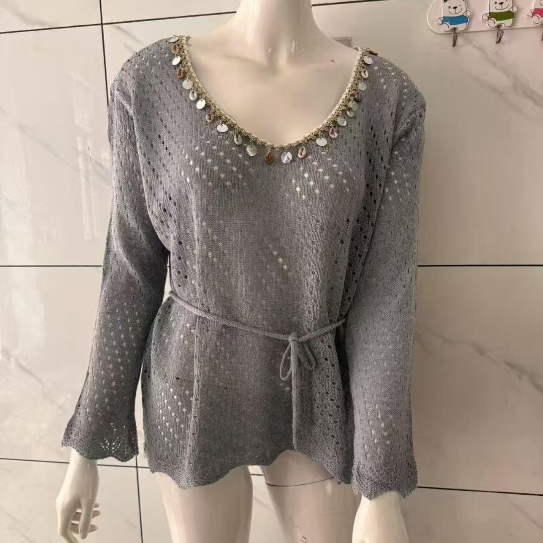 

Весенне-летний темпераментный свитер с ажурной вязкой, шнуровкой на талии и вырезами, модная и элегантная блузка от солнца, топ с длинными рукавами и дизайном с пайетками 54-285