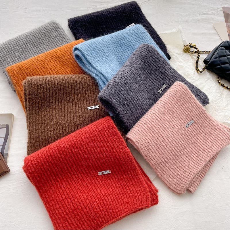 Simple knitted small scarf containing wool, women's autumn and winter age reduction versatile solid color warm cross wool scarf