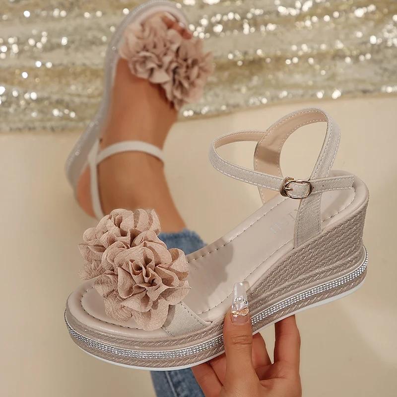 Fashion Vintage Flowers Wedge Heel Sandals Women Summer Beach Non Slip Platform Sandals Woman Ankle Srtrap Thick Bottom Sandalias Mujer