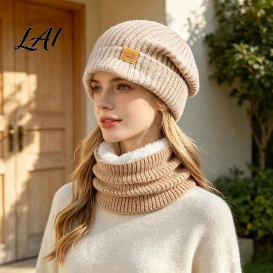 Comfortable Thermal Winter Gear Hat Neck Warmer Set Fleece Lined Knitted Hat Thickened Warm Stylish Gift for Her Knit And Scarf Women Cold