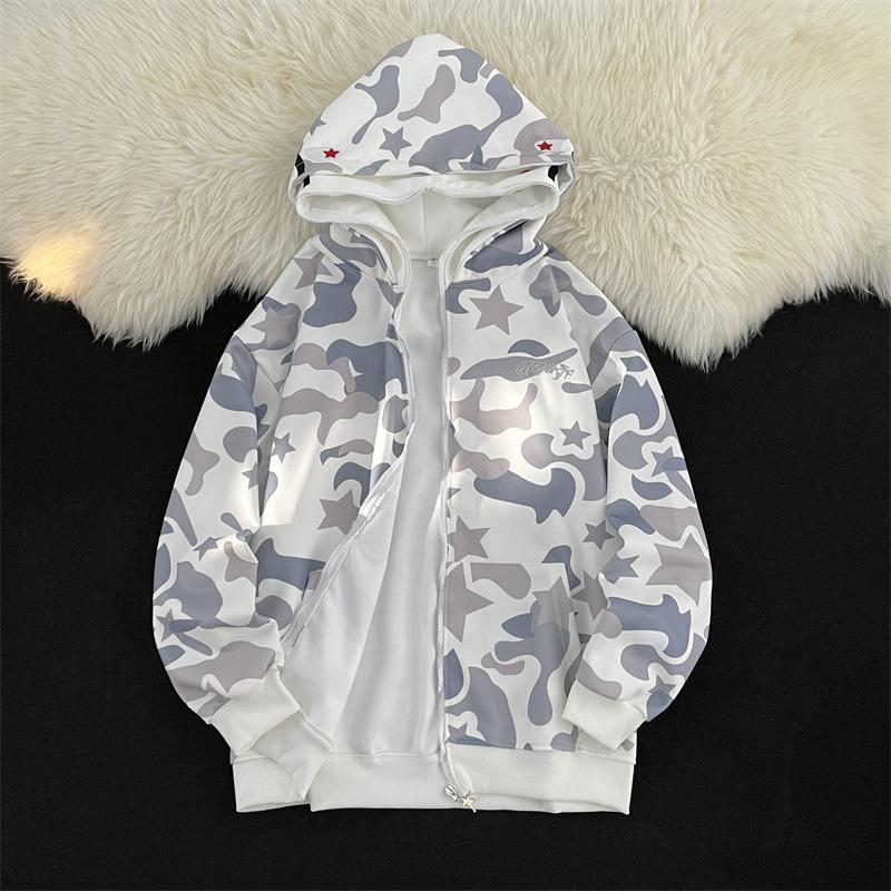 Bluza z kapturem na zamek High Street Camo Shark - Unisex, Styl BF, Długi rękaw z haftem ręcznikowym