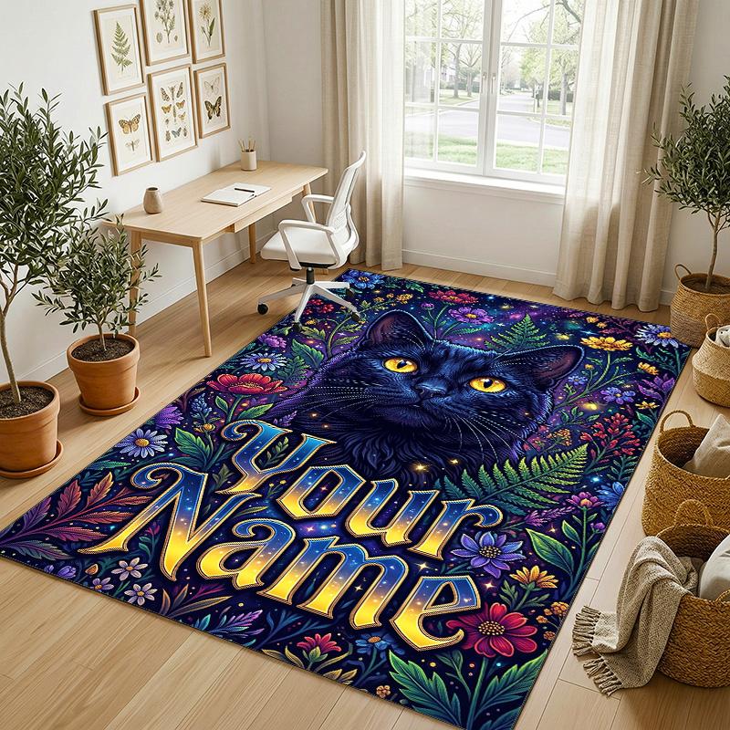 Ethereal Cat Theme Soft Crystal Velvet Rug Custom Name & Text Print Non Slip Floor Rug for Bedroom Living Room