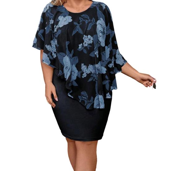 Plus Size Bodycon Dress for Women Summer Mother of The Bride Dress with Floral Chiffon Overlay Cape Formal Evening Party Cocktail Dress XL