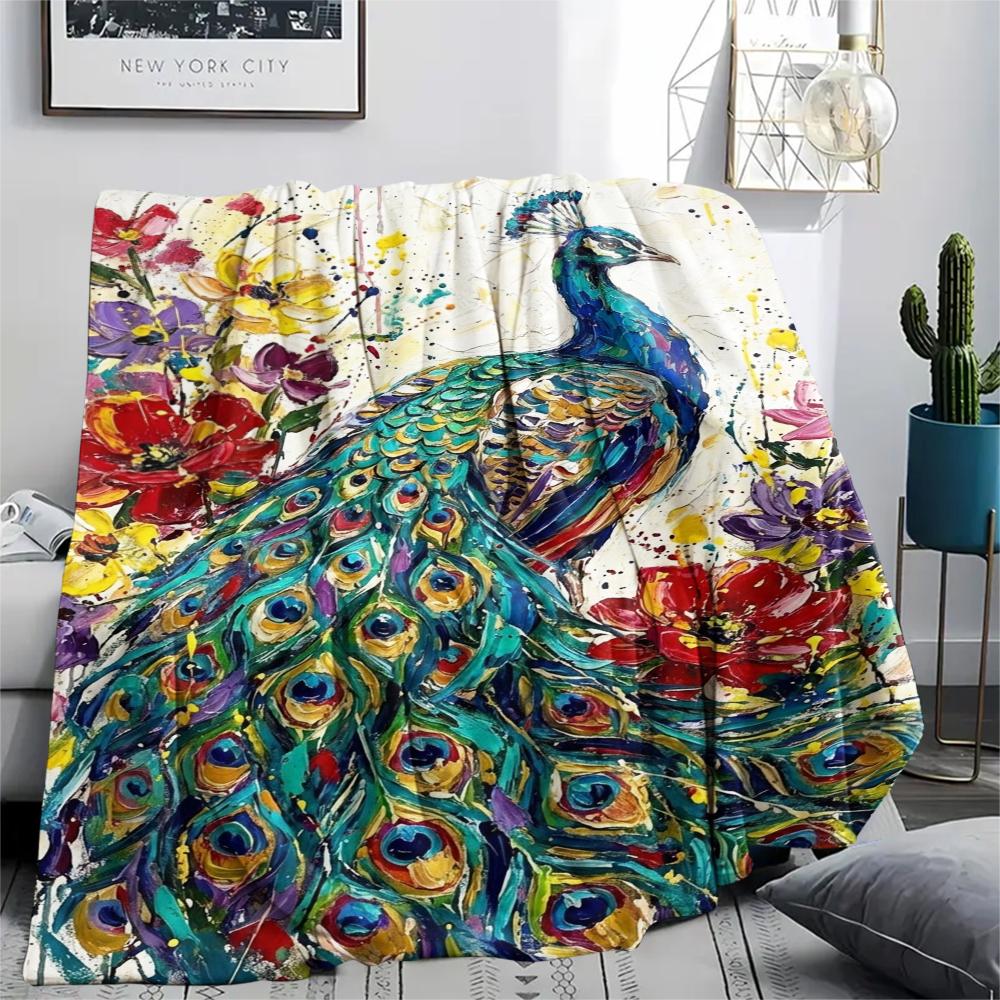 1Pc Peacock Print Flannel Blanket, High quality Comfortable for All Seasons, Home Decor, Warmth and Comfort, Perfect for Christmas Gifts W121