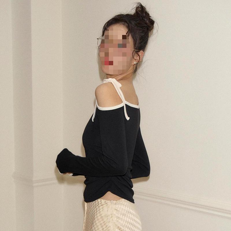 Evropské a americké dámské podzimní a zimní diagonální límec mašle odhalená ramena jednobarevný jednoduchý top