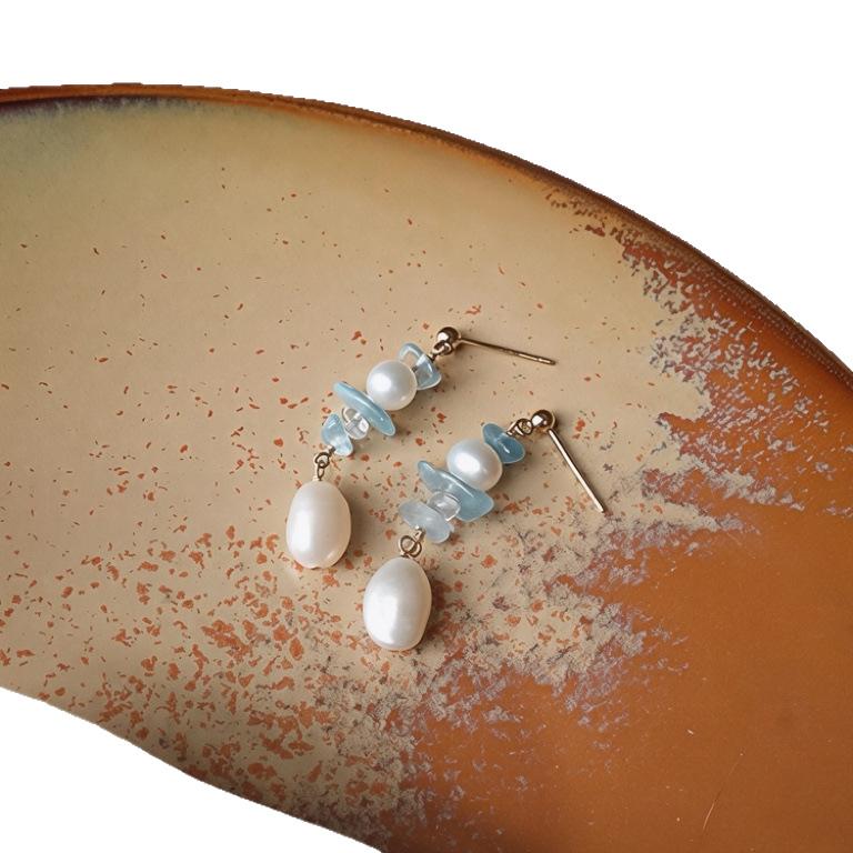 Haifengyin natural aquamarine freshwater pearl stud earrings retro light luxury high sense gentle temperament niche earrings