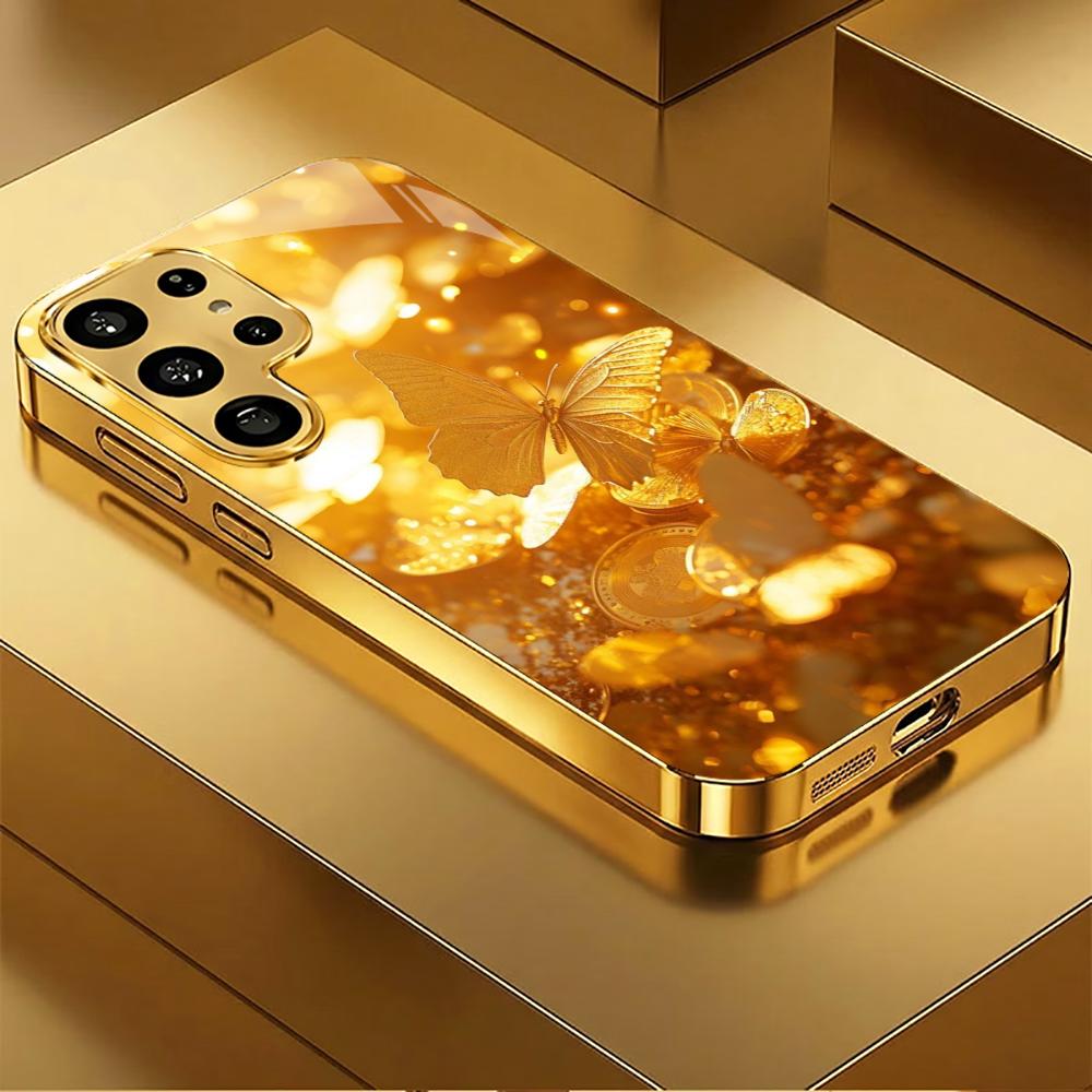 Goldener Schmetterling Glas Handyhülle für Samsung Galaxy S26 S25 S24 S23 S22 FE Ultra Plus Eingebautes Glas Gold Exquisit Wunderschön