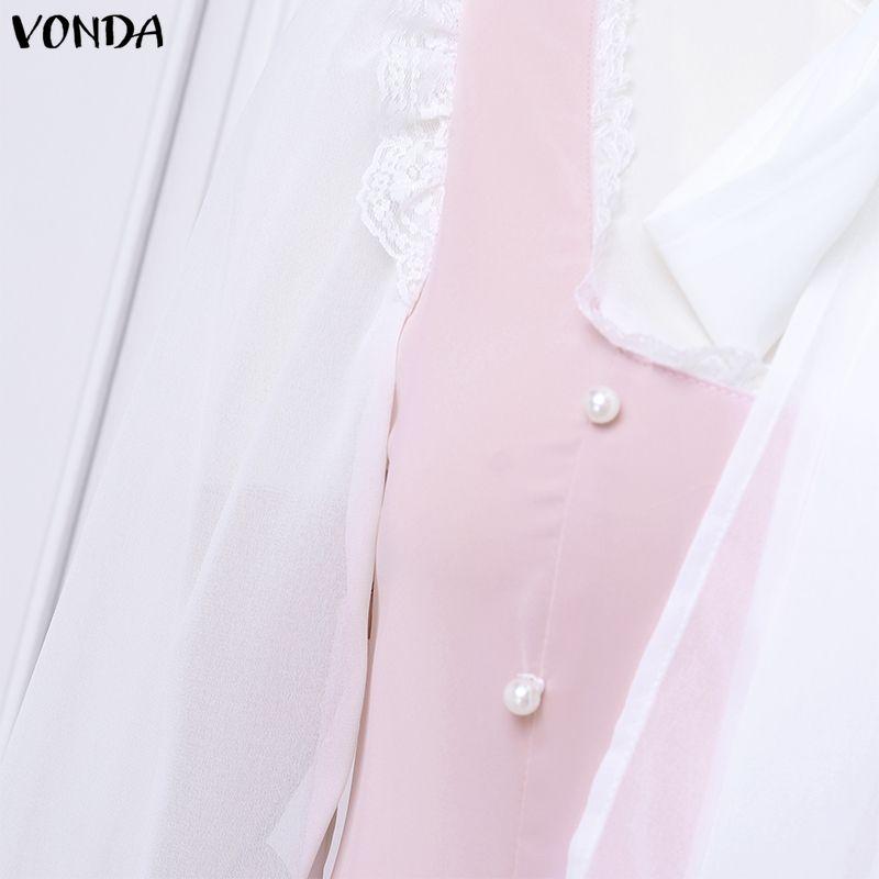 VONDA Elegant Women Long Sleeve Ruffled Bow Knot Patchwork Office Midi Dress