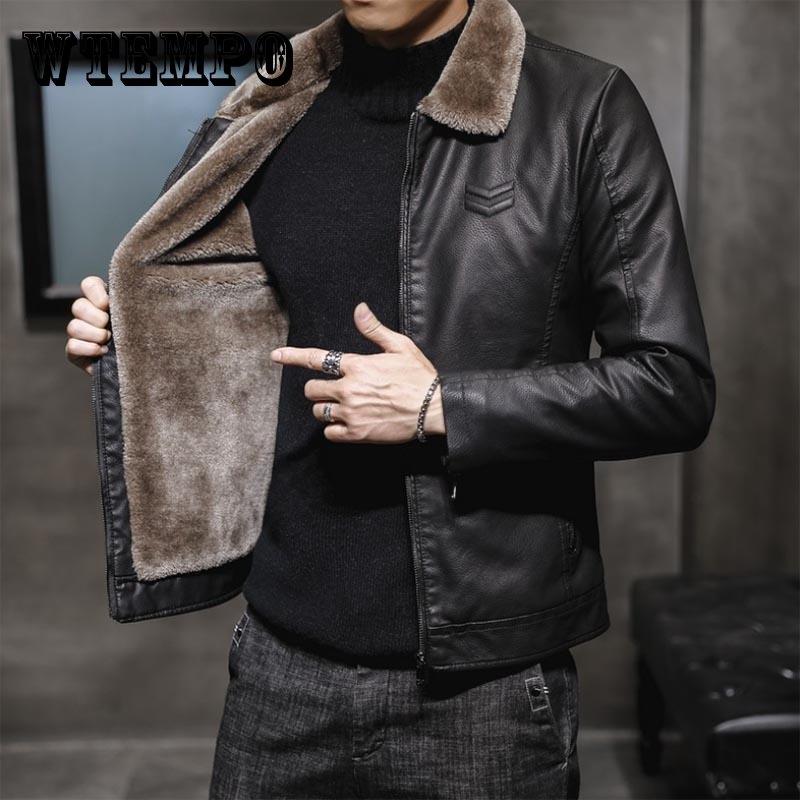 Autumn and Winter Men's Thick Leather Jacket Fashion Windproof Warm Jacket Men's Motorcycle Jacket Bomber Jacket Lapel Top