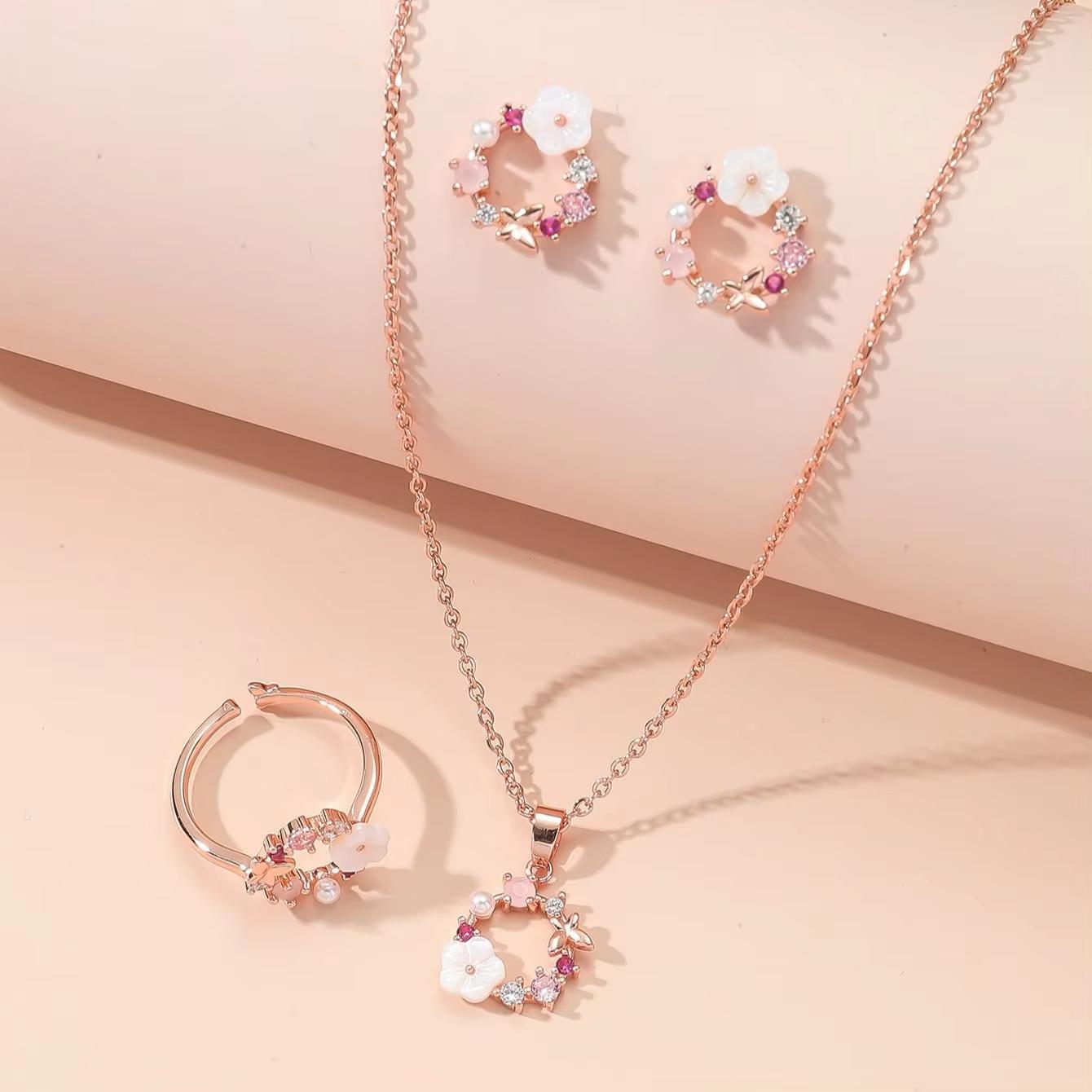 

4 Pieces Rose Gold-color Lady Flower Fashion Accessories Zircon Simple Ornate Exquisite Necklace Ring Earrings Jewelry Set