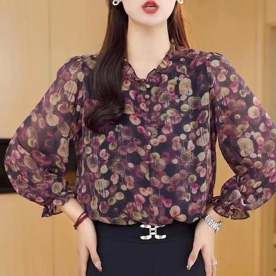 Dames donker bloemenprint chiffon blouse met ruchesmouw elegante casual top