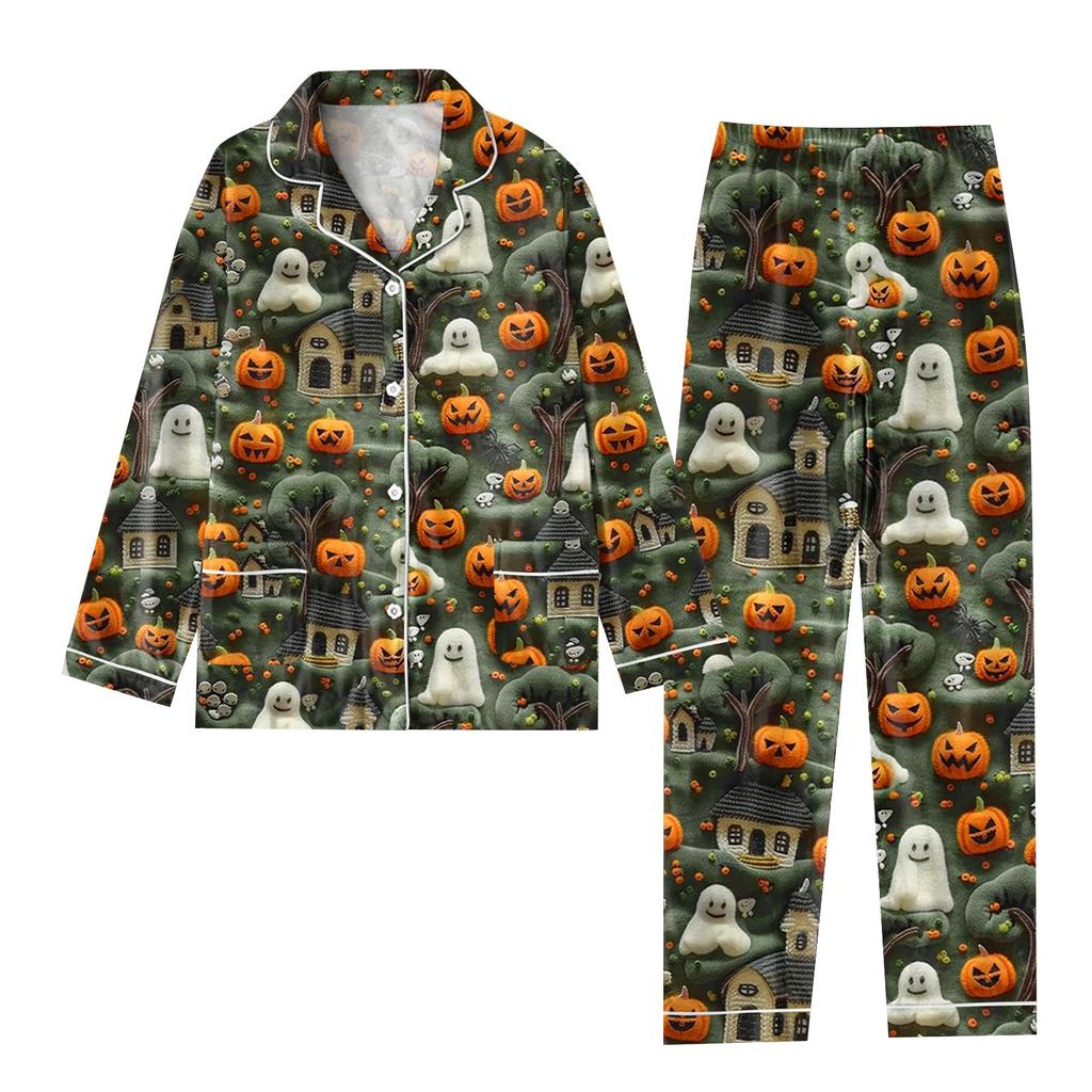 2-teiliger bedruckter Damen-Anzug, langärmelig, Oberteil mit Knopfleiste, weite Hosen, Anzug-Set, Schlafanzug, Home-Casual-Anzug