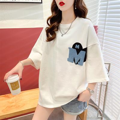 Casual Summer Women's Round Neck Embroid Short Sleeve Loose Fashion Korean Version Versatile Mid Length T-shirt Tops