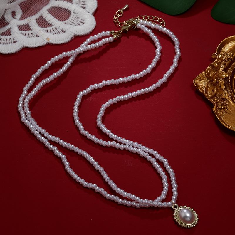 Retro Elegant Hepburn Fan Pearl Necklace Banquet Temperament Personality Versatile Collarbone Chain Cheongsam Dress with Accessories Women