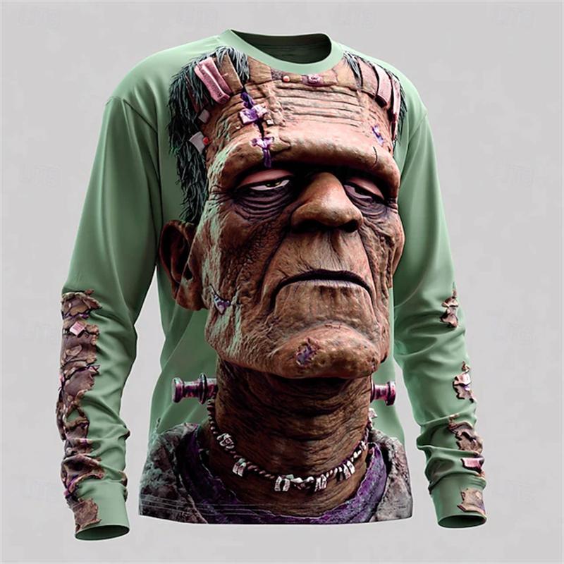 Monster Print Casual Men's Long-sleeved T-shirt Outdoor Vacation Round-neck Long-sleeved Spring and Autumn Clothing