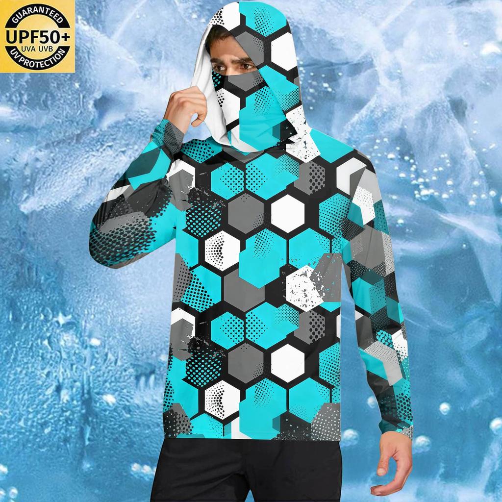 Men's Casual Geometric Print Hooded Long Sleeve Sun Protection Shirt Lightweight Breathable Fabric UV Protection Activewear Top