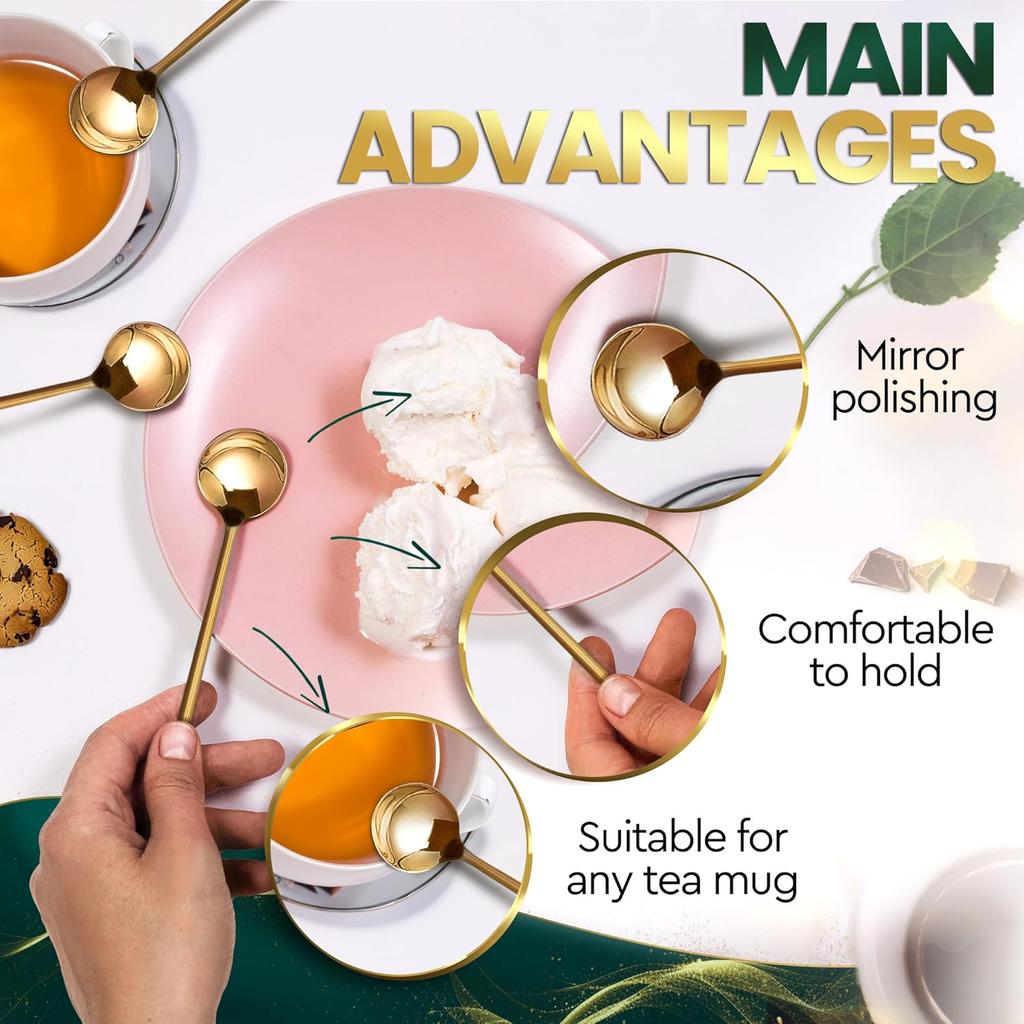 5" Gold Coffee Spoons 8Pcs 5.25" - Gold Tea Spoons Small Coffee Spoons for Coffee Bar - Espresso Spoons Dessert Spoons for Tea - Coffee Stirring