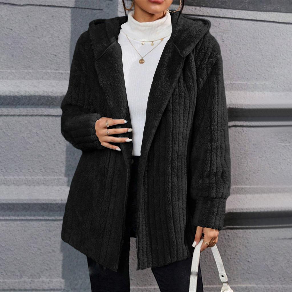 Damenmode Lässig Warm Vertikal Gestreift Doppelseitiges Fleece Kapuzen-Cardigan Jacke