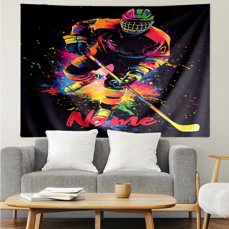 Custom Name ice hockey Print Tapestry, Backdrop, Easy Setup, Ideal for Bedroom, Office & Living Room, with Aesthetic Wall Hanging Decor.