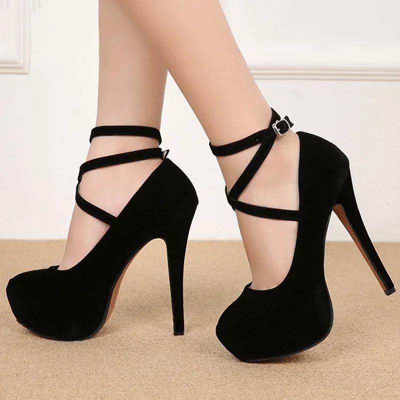 Fashion Pumps High Heel Women New Style Flock Fashion Cross Straps 14cm Heel High 4cm Platform Model Nightclub Sexy Plus Size 35-46