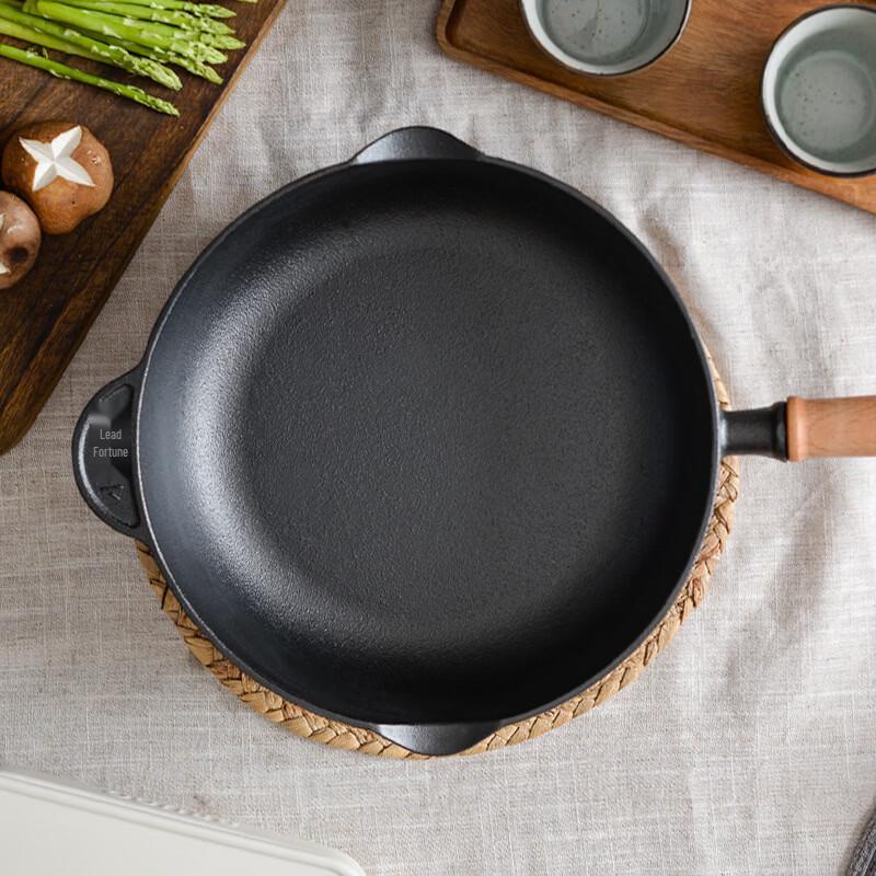 ZISIZ Wooden Handle Deep Cast Iron Frying Pan